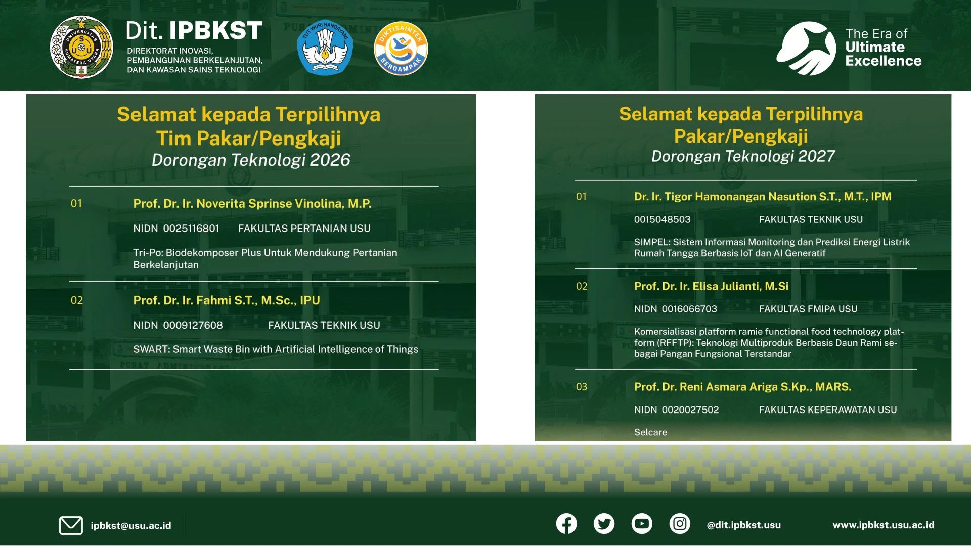 Dosen USU Terpilih sebagai Pakar/Pengkaji Program Dorongan Teknologi Tahun 2026 dan 2027
